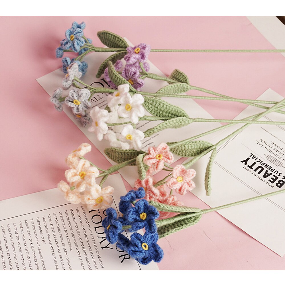 Artificial Crochet Flower Bouquets Forget Me Not Hand Knitted Flowers Finished Homemade Handicraft Gift Home Decorations
