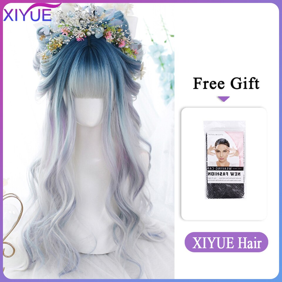 Blue Pink Lolita Wigs Ombre Long Water Wave Cosplay Wigs Synthetic Hair Wigs Heat Resistant For Women