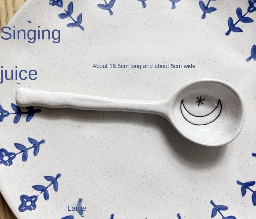 Japanese Style Stoneware Small Soup Spoon Ceramic Spoon, Long Handle Cute Spoon