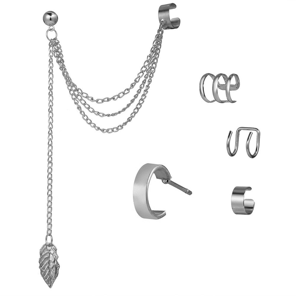 Silver Color Leaves Clip Earrings Creative Simple C Ear Cuff Non-Piercing Ear Clip Set Gift