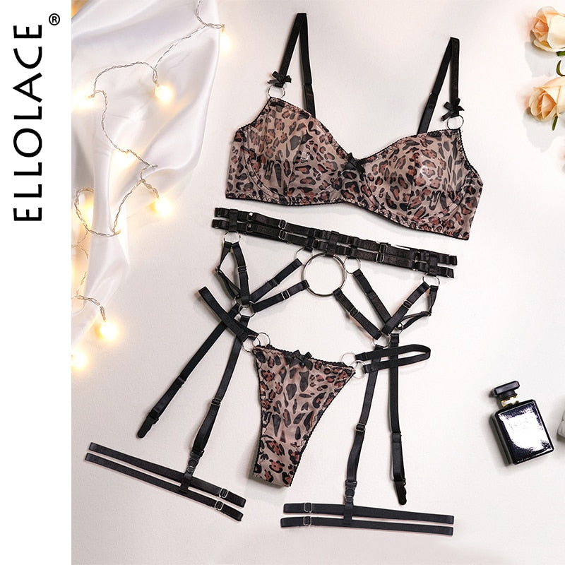 Erotic Leopard Lingerie Sexy Fancy Underwear Transparent Bra Porn Suits 5-Piece Sensual Intimate Luxury Lace Brief Sets
