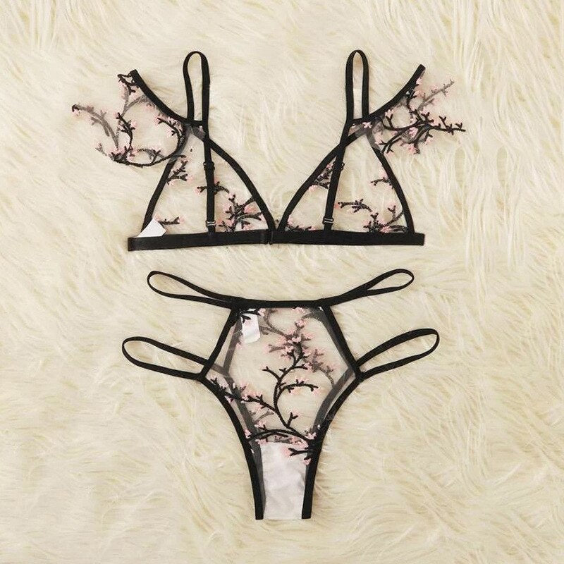 Sexy Lingerie Set for Woman Embroidered Bikini Panties Sensual Lace Breathable Bras Erotic Perspective Bandage Exotic Underwear