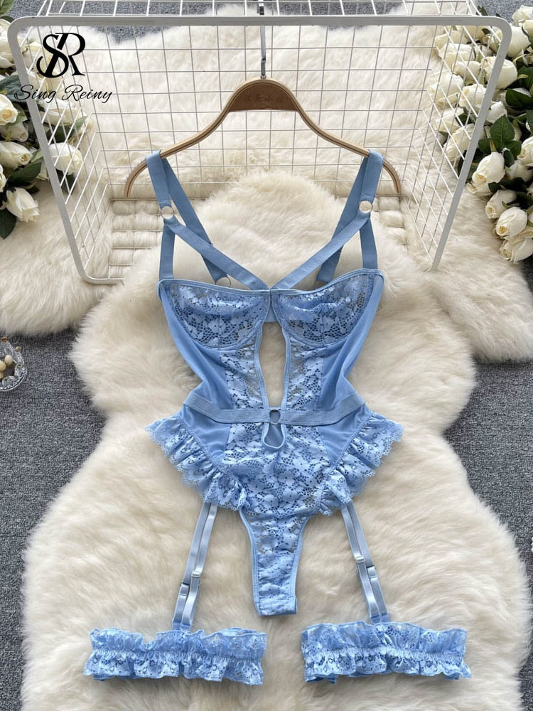 Women Erotic Sexy Lace Rompers Sleeveless Backless Slim Short Playsuit Transparent Underwear Hollow Out Mesh Bodysuits