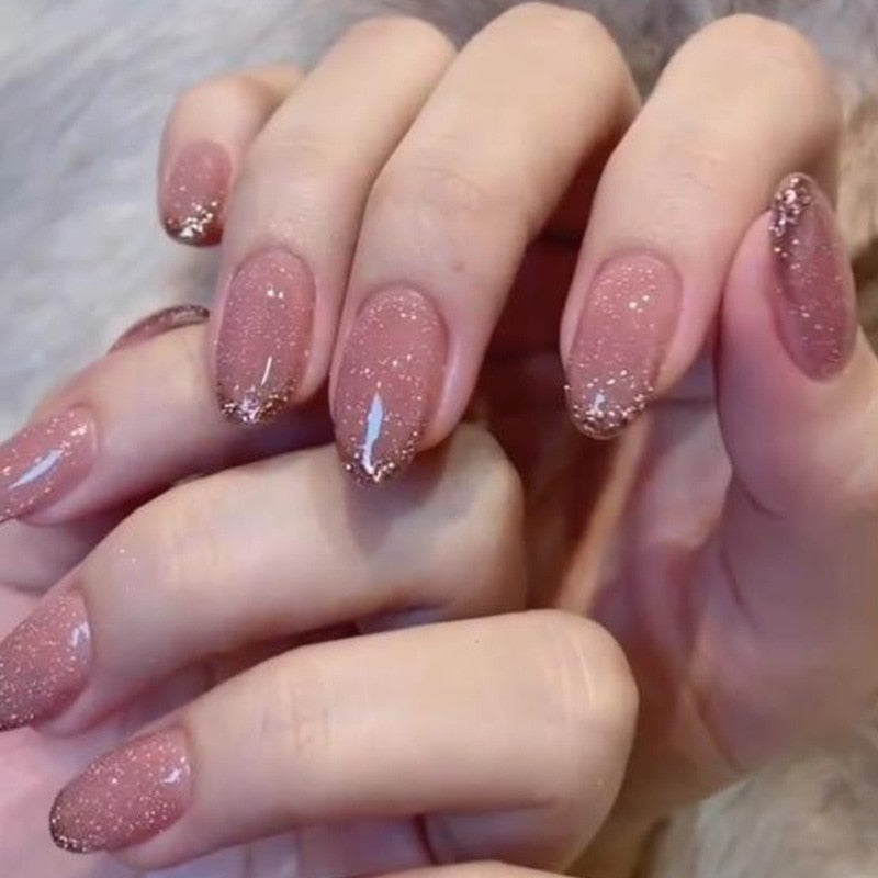24pcs Glitter Fake Nails Purple Shiny Cat Eye Press On Nails Almond Head Manicure Nail Tips Pink/Blue False Nail Patch