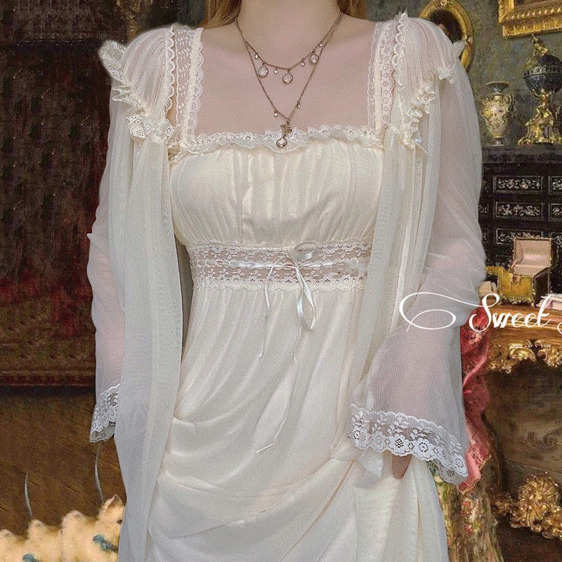 2pcs Nightgown Women Lace Mesh Princess Nightdress Vintage Retro Lady French Royal Court Style Summer Pajama Nightwear Sleepwear