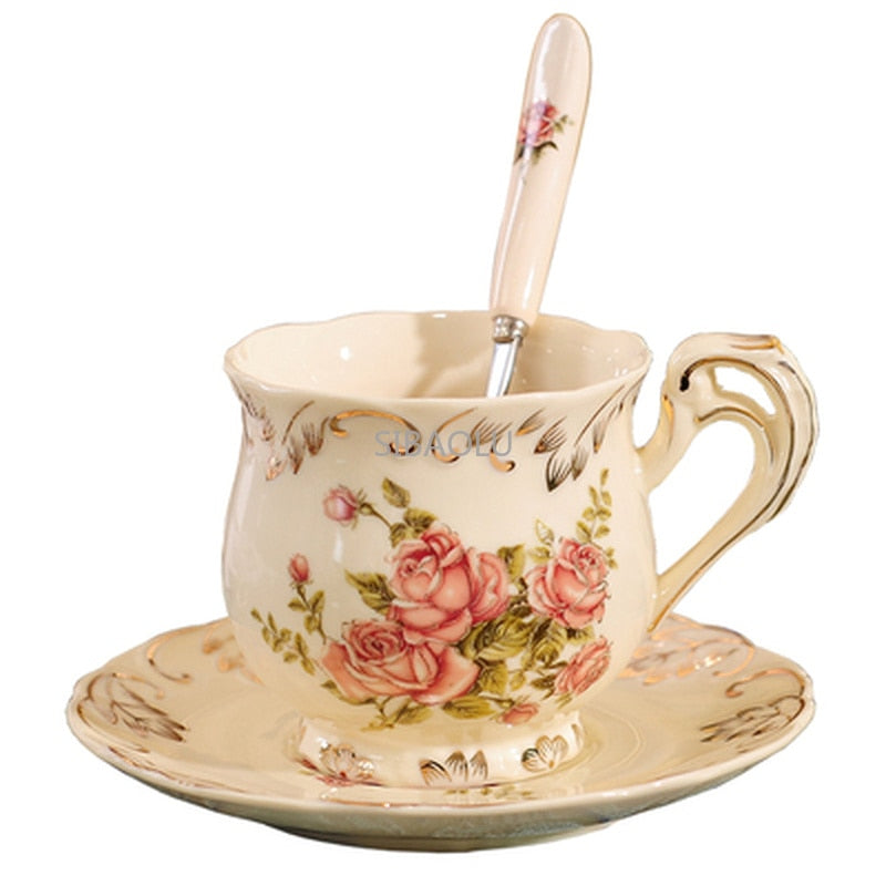 Creative Ceramic Coffee Cup and Saucer Hand Painted Rose Porcelain Tea Cup and Spoon Classic Drink Gift