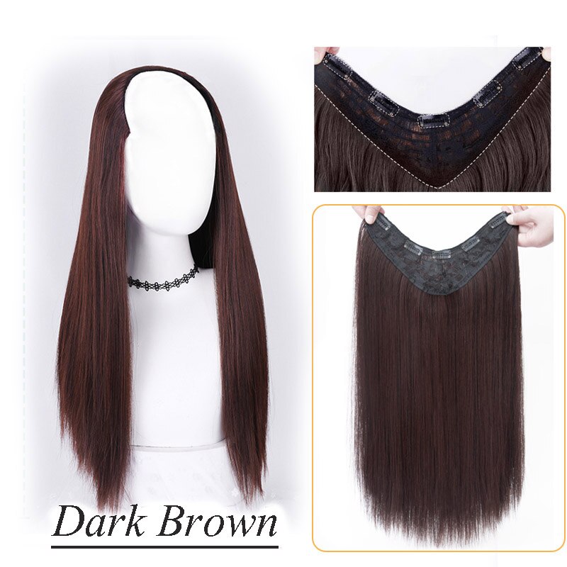 Synthetic Hair Fake Hair Extensions Clip Hairpiece V-Shaped Half Wig Natural Wavy Extension False Strands On Hairpins Women