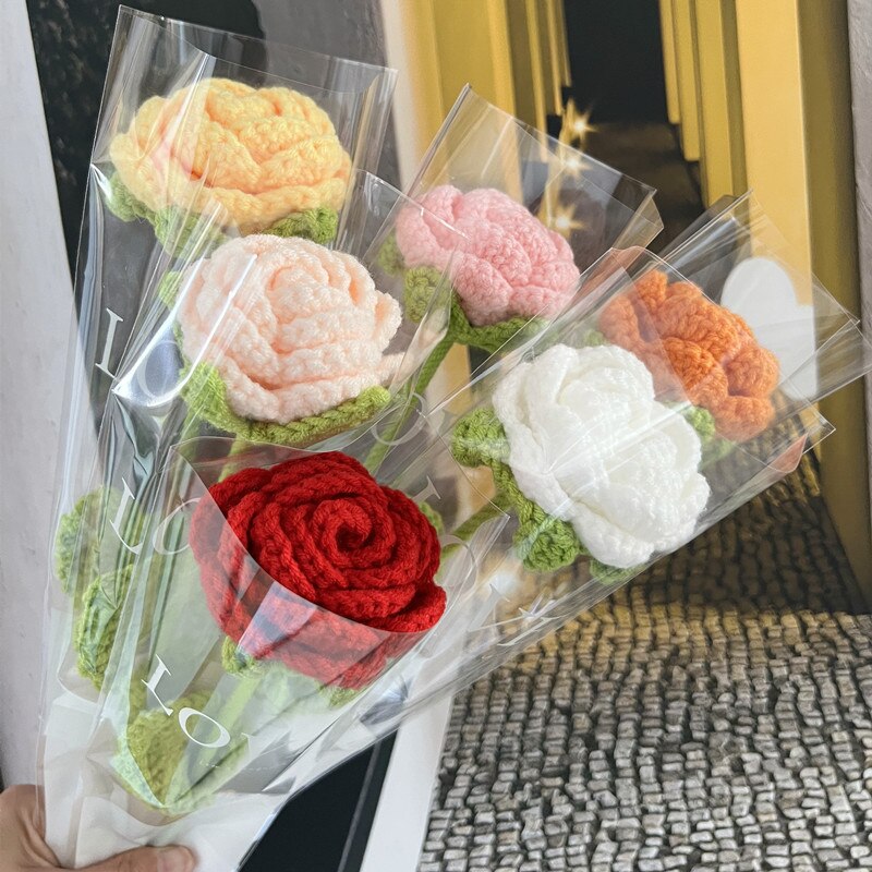 Knitting Flower Rose Carnation Fake Flowers Bouquet Decoration Hand-woven Home Table Decorate Creative Fake Flower Gifts