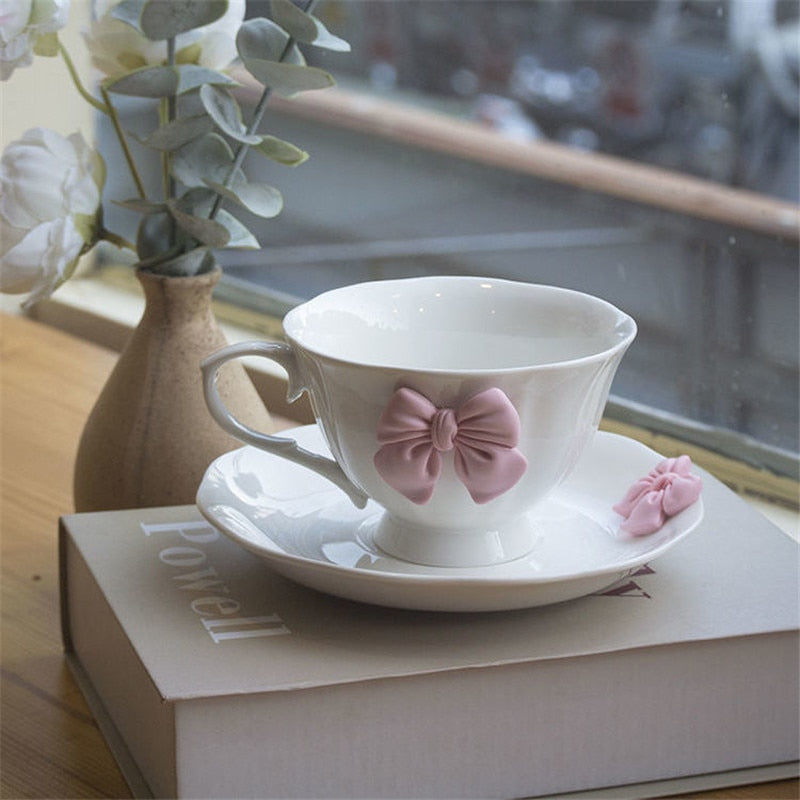 Lovely Bow Porcelain Pink Tea set High Grade Coffee Cup and Saucer Set Ceramic Creative Coffee Mug Home Afternoon Tea Cup