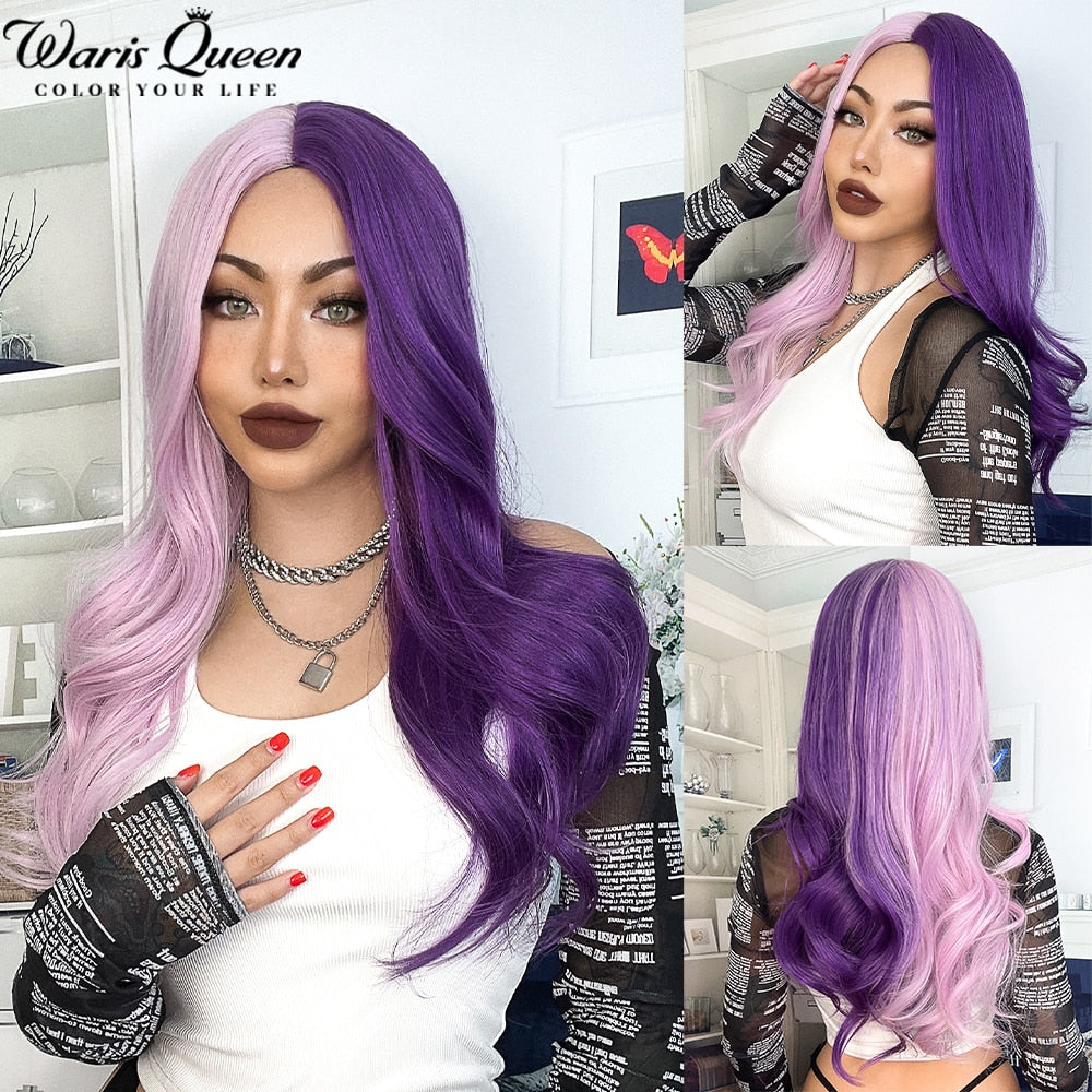 Long Wavy Ombre Black White Synthetic Wigs for Women Heat Resistant Natural Middle Part Cosplay Party Lolita Daily Hair Wigs