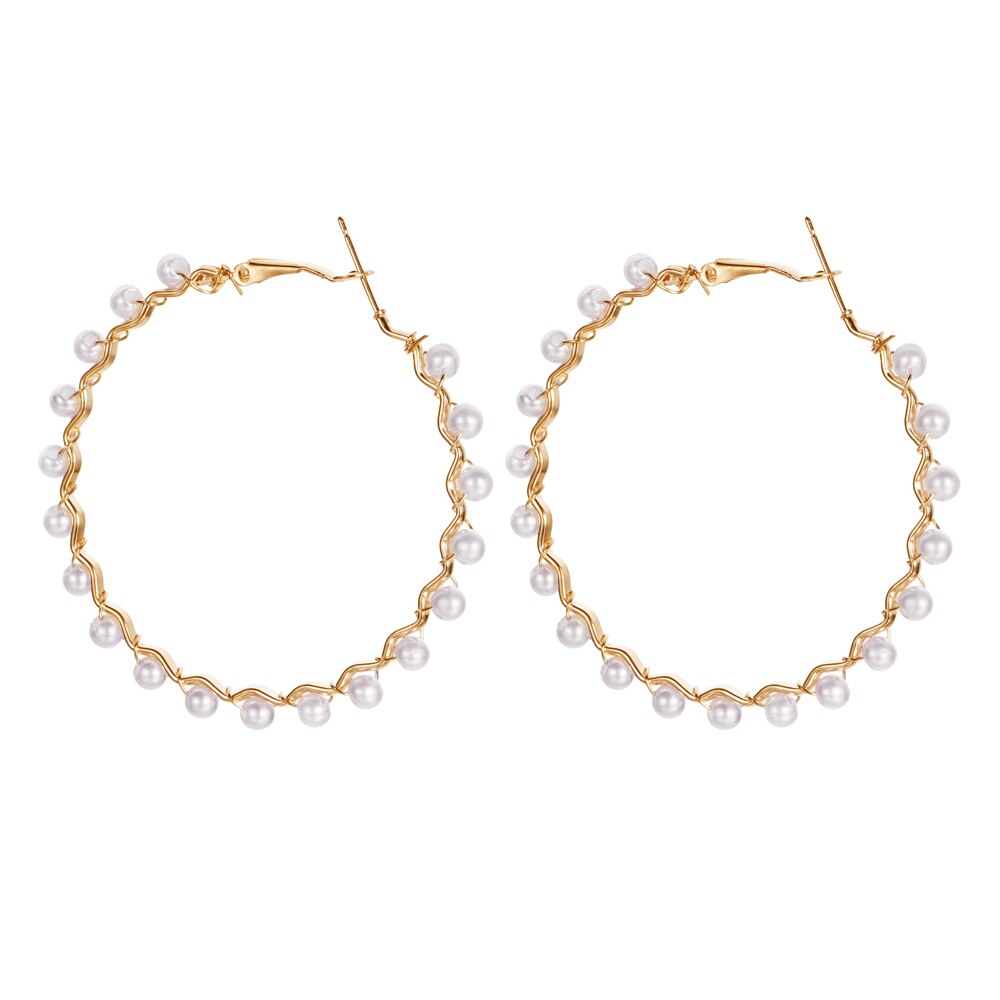 White Boho Imitation Pearl Round Circle Hoop Earrings Gold Color Big Earrings