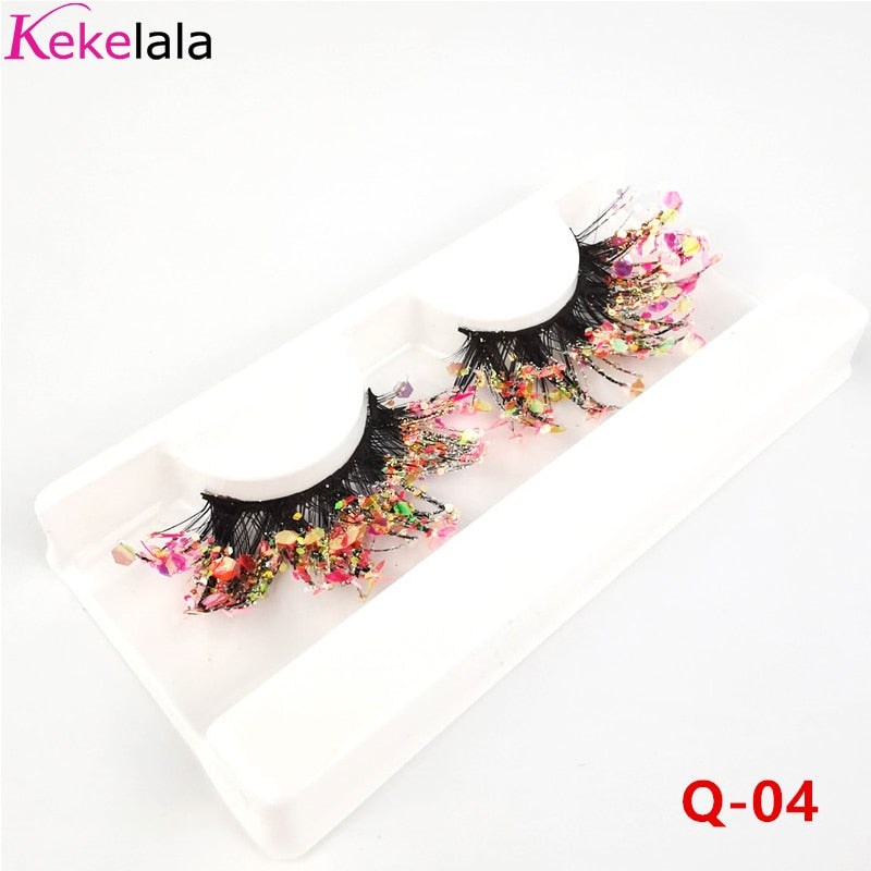 Unique Shining Colored Eyelashes Gold Pink Green Glitter Colorful False Eye Lashes Dramatic Halloween Party Rainbow Cilias