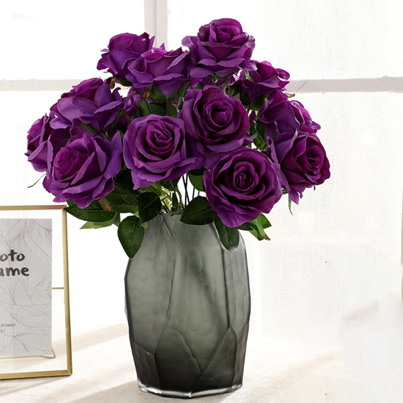 Simulation Bouquet 9 Heads Artificial Rose Silk Fake Flower Home Living Room Dining Table Wedding Decoration Purple