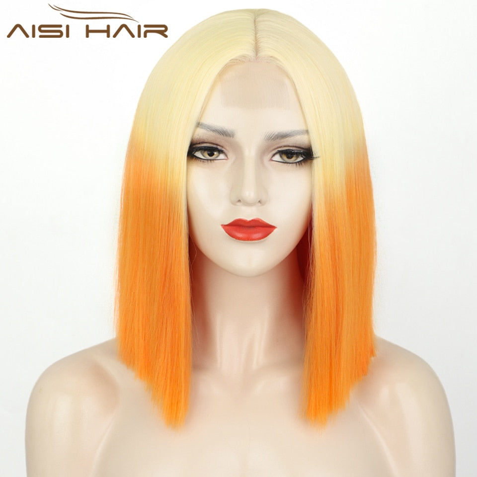 Synthetic Ombre Orange Wig Short Straight Middle Part Bob Wig Natural Yellow/Red Wigs Heat Resistant Fiber