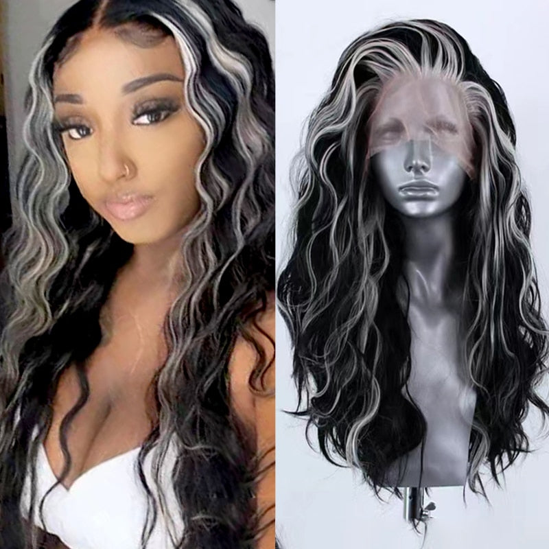 Synthetic Lace Front Wig Highlight Silver Grey Mix Color Wigs Women Daily Use Cosplay Wig