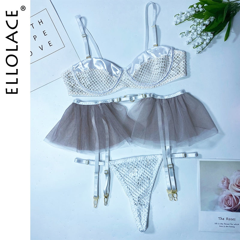 Sexy Lingerie Mesh Patchwork Fancy Underwear Ruffle Garters Delicate Luxury Brief Set See Through Sensual Erotic Sets