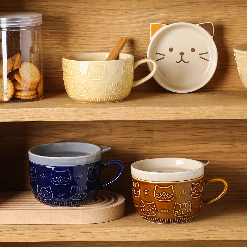 Japanese ceramic cartoon cat mug cute breakfast mug milk mug creative coffee mug with lid couple cup filiżanka porcelanowa
