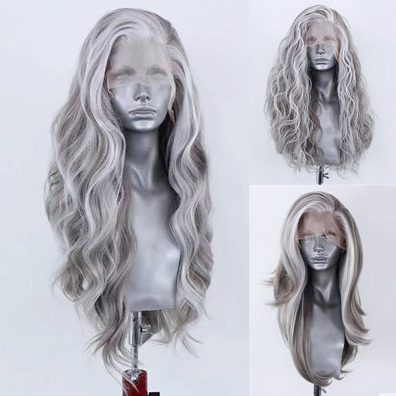 Synthetic Lace Front Wig Highlight Silver Grey Mix Color Wigs Women Daily Use Cosplay Wig