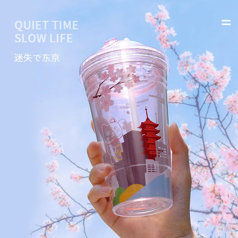 Sakura BPA Free Plastic Cups with Lids and Straw Water Bottle for Drinking Coffee Mug Juice Milk straw cup Hidden Straw Ice Cup
