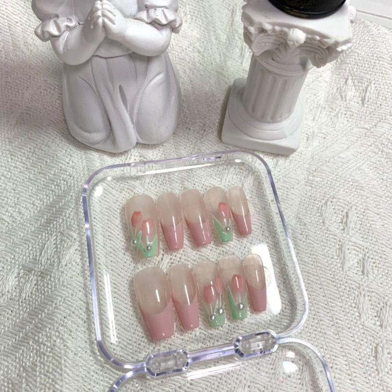 Green Cat's Eye Tulip Wearable Nail Pieces Light Therapy Handmade False Nails Wearing Finished Nails Artistic Patch Decoration