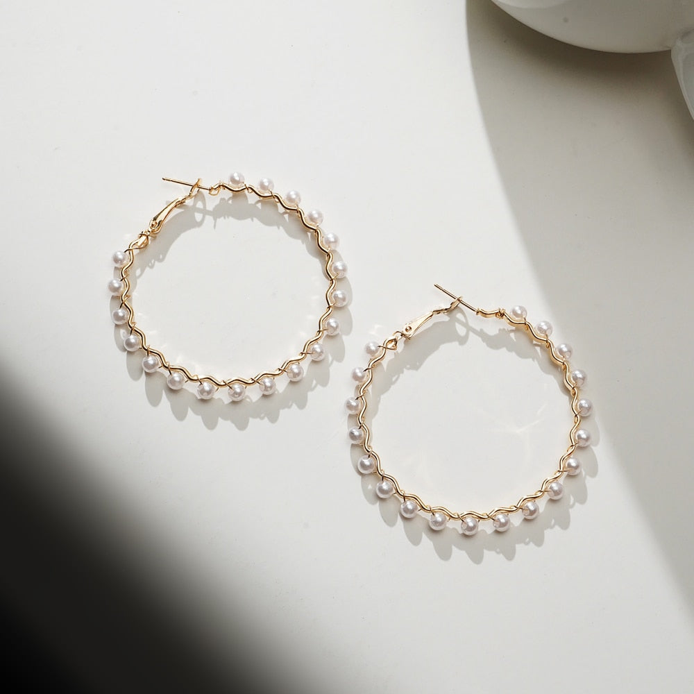 White Boho Imitation Pearl Round Circle Hoop Earrings Gold Color Big Earrings