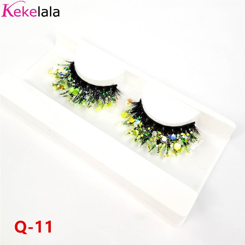 Unique Shining Colored Eyelashes Gold Pink Green Glitter Colorful False Eye Lashes Dramatic Halloween Party Rainbow Cilias