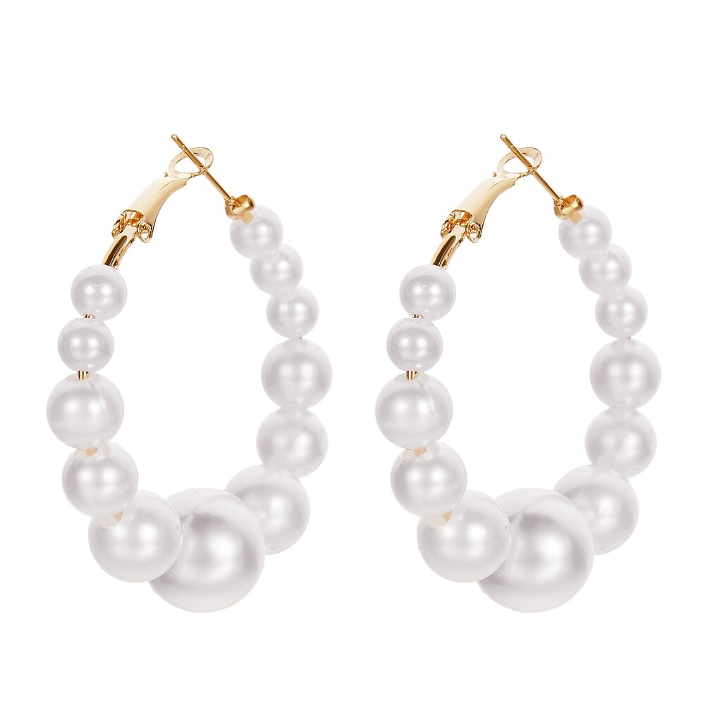 White Boho Imitation Pearl Round Circle Hoop Earrings Gold Color Big Earrings