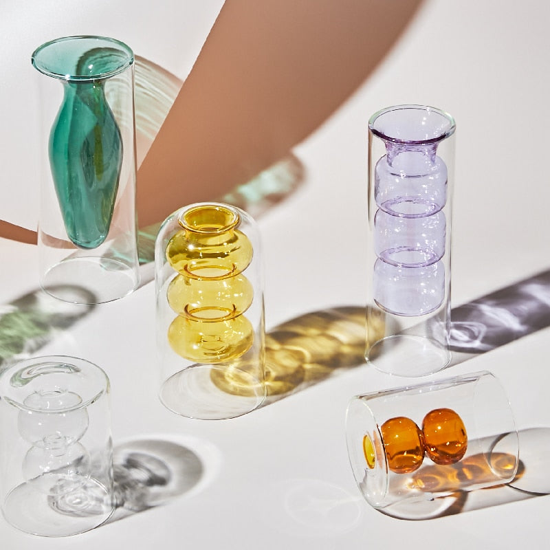 Nordic creative colored glass vase ornaments creative hydroponic transparent flower dryer decoration