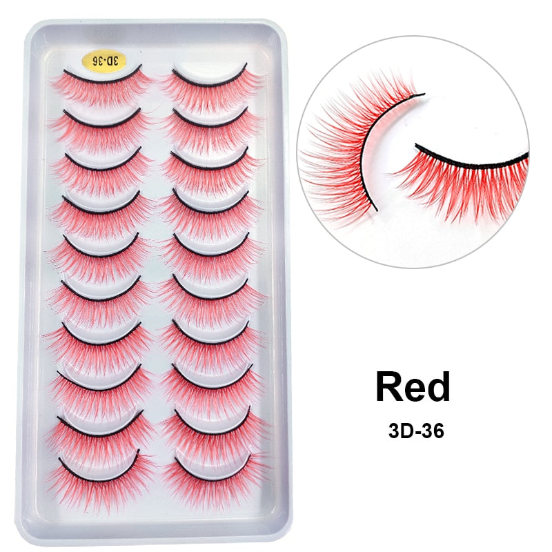 10Pairs/Lot Rainbow Colorful Mink False Eyelashes White Bulk Red Purple Blue Colors Fake Lashes for Dolls Cosplay