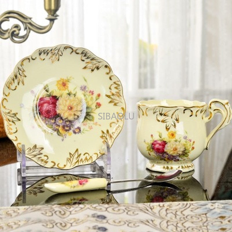 Creative Ceramic Coffee Cup and Saucer Hand Painted Rose Porcelain Tea Cup and Spoon Classic Drink Gift