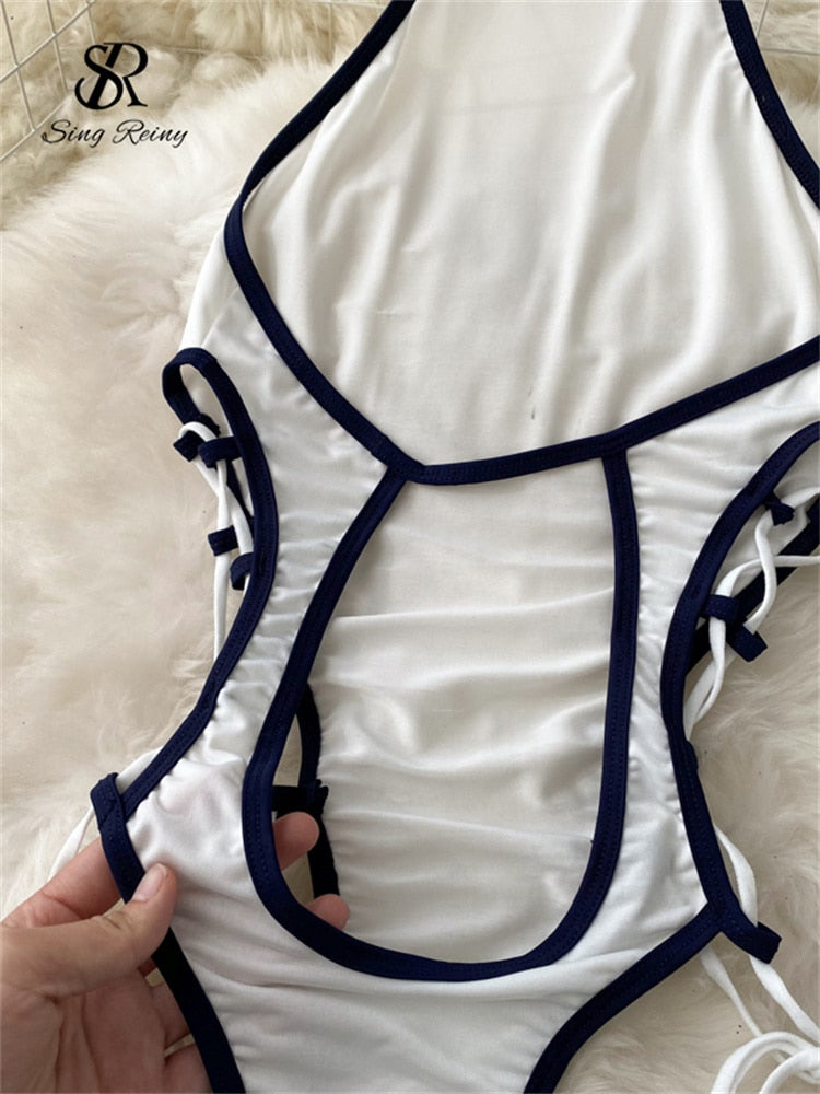 Women Sexy Halter Playsuits Drawstring Lace Up Design Transparent Bodysuits Slim Hollow Out Summer Rompers
