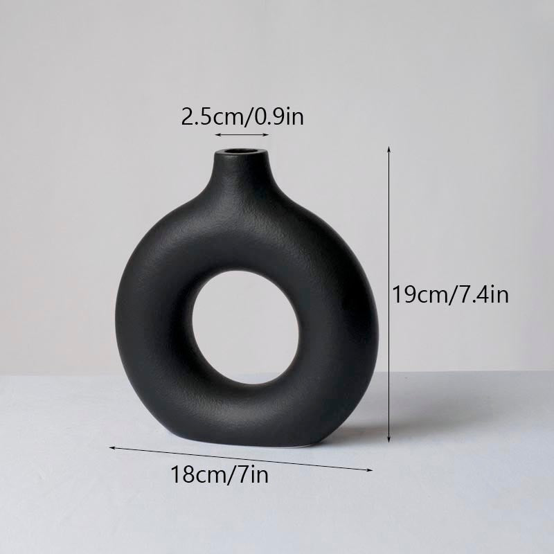 Black Circular Hollow Ceramic Vase Donuts Nordic Flower Pot Home Decoration Accessories Office Living Room Interior Decor