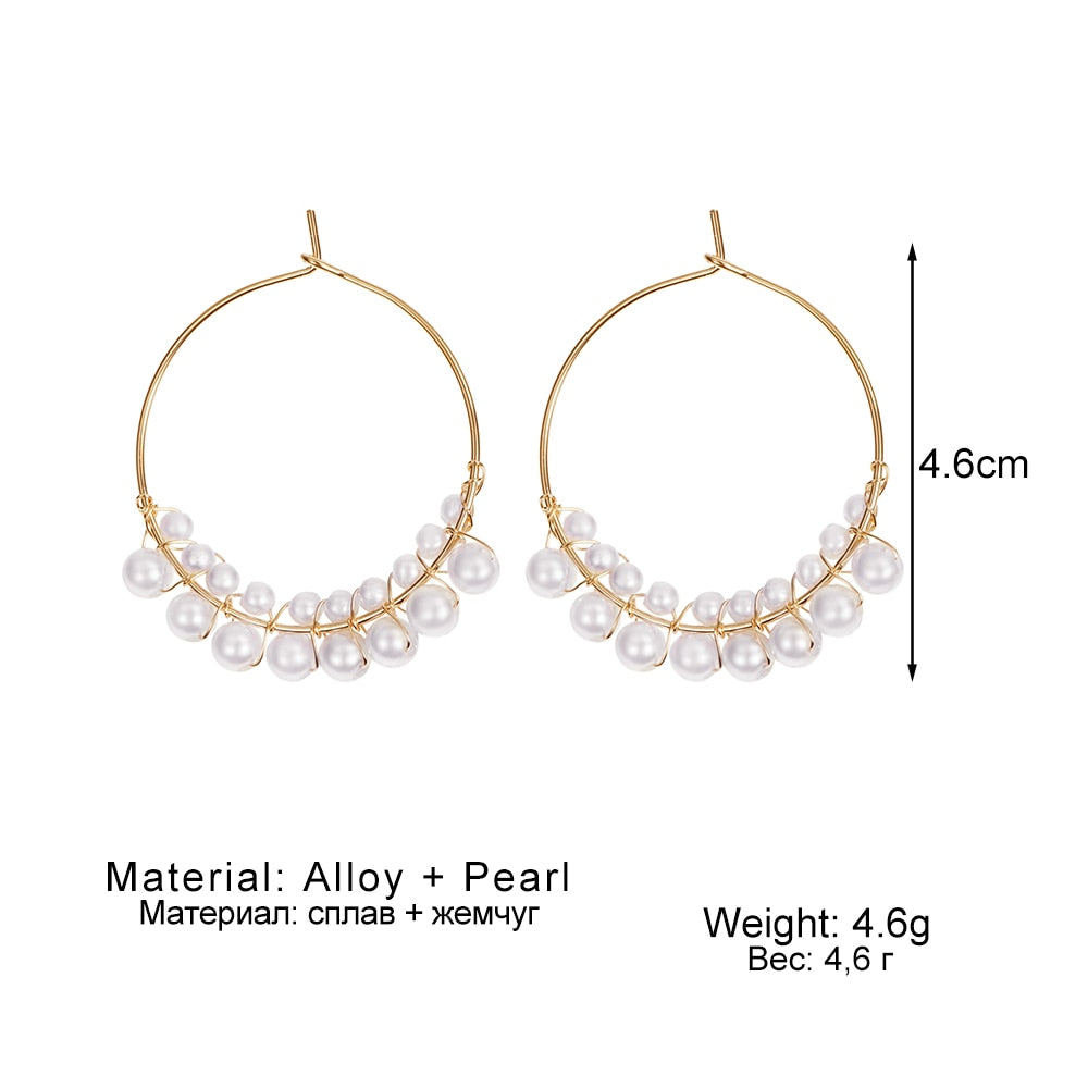 White Boho Imitation Pearl Round Circle Hoop Earrings Gold Color Big Earrings