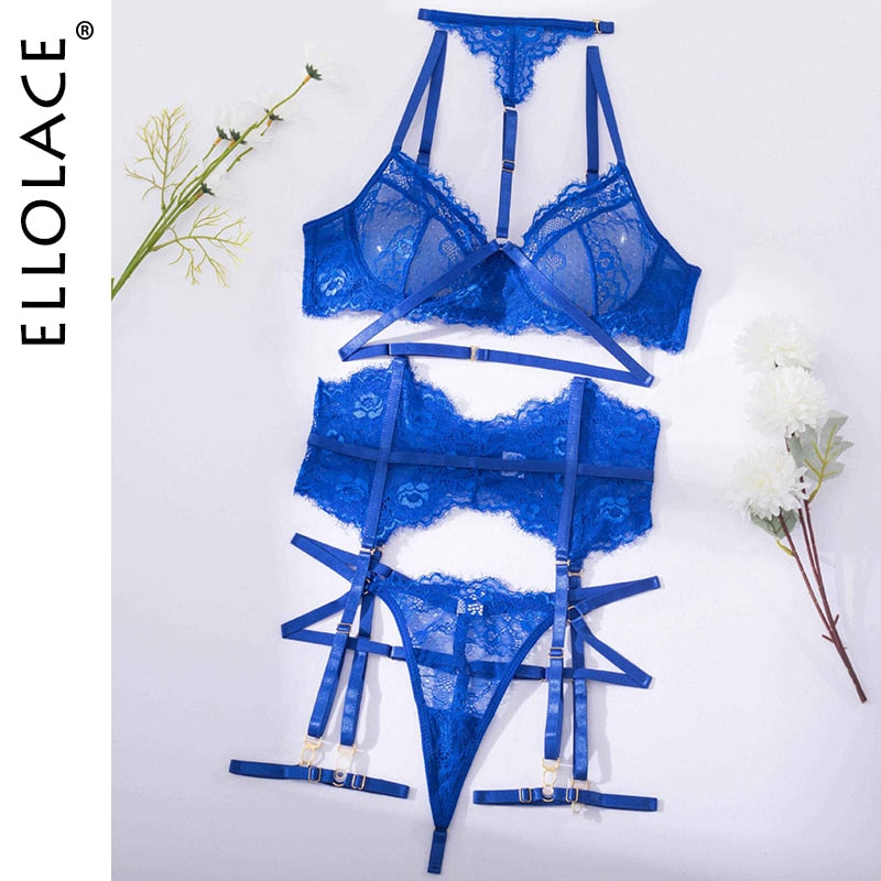 Underwear Sexy Lingerie 3-Pieces Transparent Bra Lace Suit Sexy Garter Belt With Stockings Woman Erotic Intimate