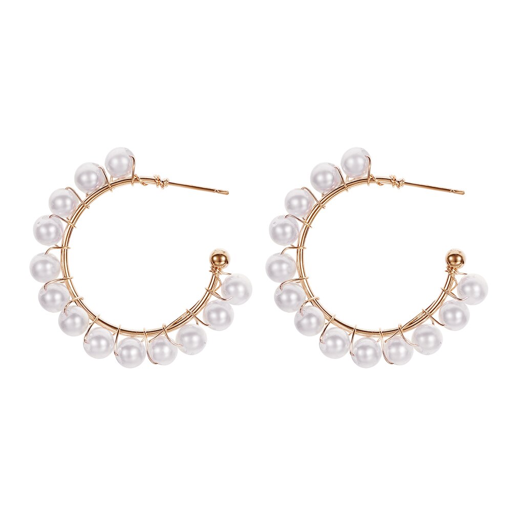 White Boho Imitation Pearl Round Circle Hoop Earrings Gold Color Big Earrings