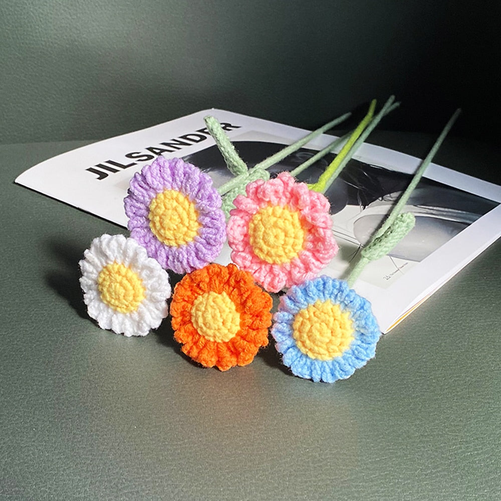 Hand-Knitted Daisy Bouquet Handmade Crochet Fake Flowers Knit Chamomile Flower Finished Decoration Home Decorative
