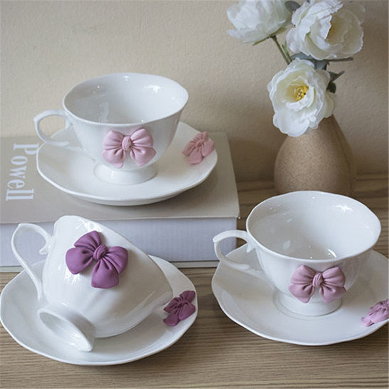 Lovely Bow Porcelain Pink Tea set High Grade Coffee Cup and Saucer Set Ceramic Creative Coffee Mug Home Afternoon Tea Cup