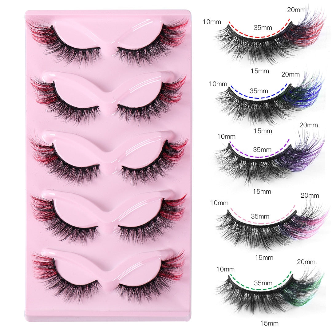 5Pairs Colored Eyelashes Fox Eye False Eyelashes 6D Cat Eye Eyelashes Naturally Thick False Eyelashes Colored Mink Lashes