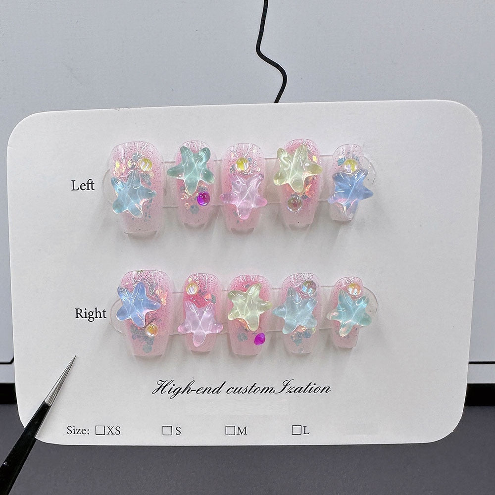 Handmade Press on Full Cover Nails Mocha water wave pattern starfish short reusable finished fake nails