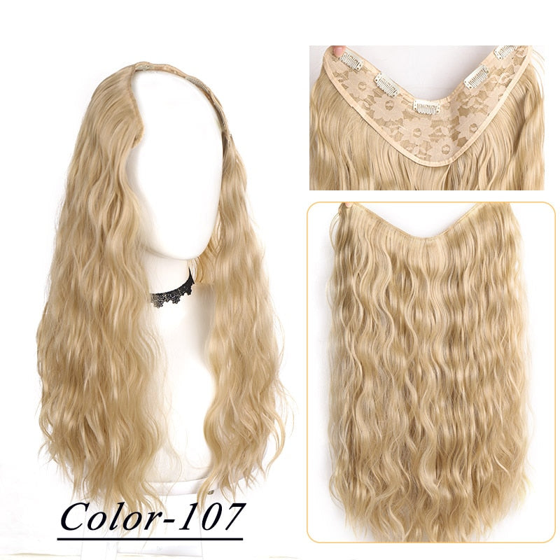 Synthetic Hair Fake Hair Extensions Clip Hairpiece V-Shaped Half Wig Natural Wavy Extension False Strands On Hairpins Women