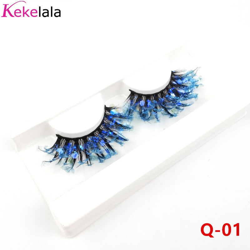 Unique Shining Colored Eyelashes Gold Pink Green Glitter Colorful False Eye Lashes Dramatic Halloween Party Rainbow Cilias