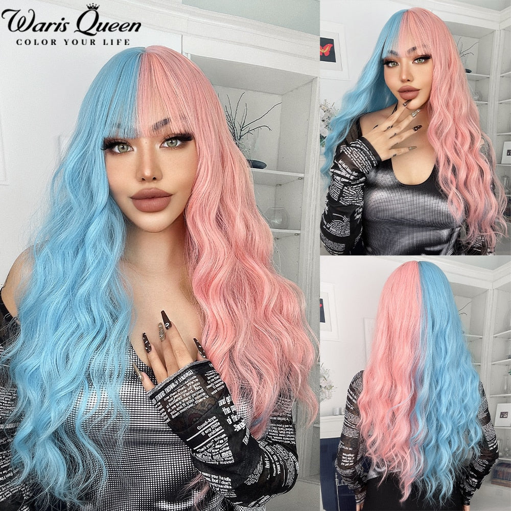 Long Wavy Ombre Black White Synthetic Wigs for Women Heat Resistant Natural Middle Part Cosplay Party Lolita Daily Hair Wigs