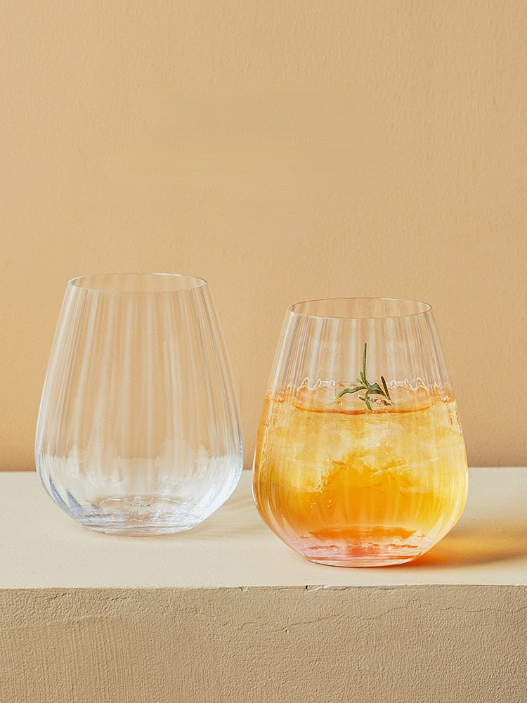 Nordic Style Prism Stemless Wine Glass Light Luxury Stripe Cold Drink Cup Big Belly Cocktail Mixing Wine Glass Fruit Tea Tumbler