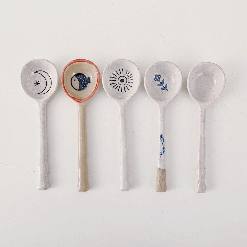 Japanese Style Stoneware Small Soup Spoon Ceramic Spoon, Long Handle Cute Spoon