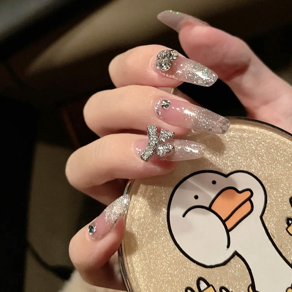 24pcs Rhinestone Design Fake Nails Shiny nail Decorations Press On nail Tips False Nail Patch