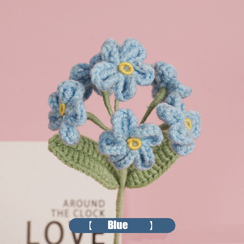 Finished Hand Knit Crochet Forget Me Not Flowers Handmade Flower Bouquet Home Decoration