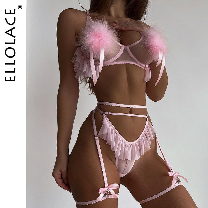 Sexy Feather Lingerie Light Pink Ruffle Hollow Thongs Sissy Erotic Outfits Seamless Set Woman 3 Pieces Fairy Intimate