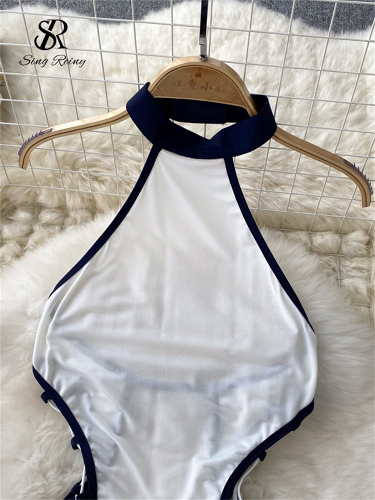 Women Sexy Halter Playsuits Drawstring Lace Up Design Transparent Bodysuits Slim Hollow Out Summer Rompers