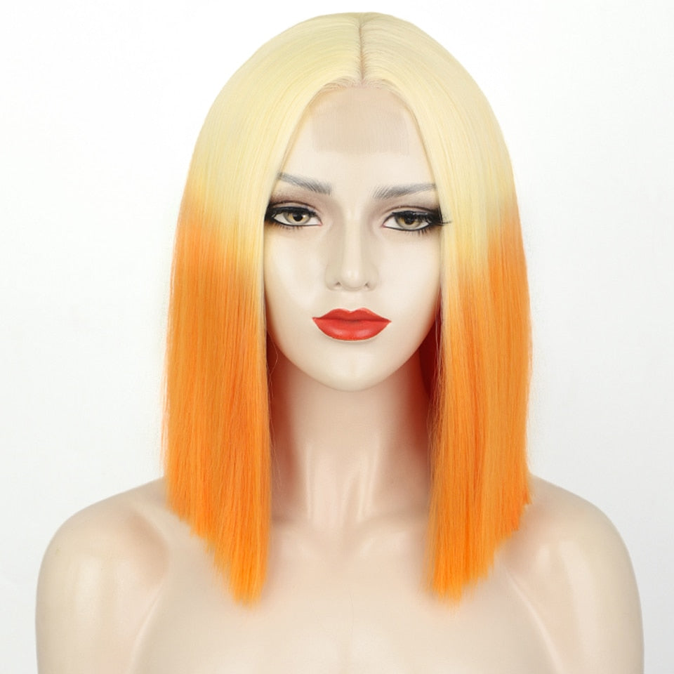 Synthetic Ombre Orange Wig Short Straight Middle Part Bob Wig Natural Yellow/Red Wigs Heat Resistant Fiber