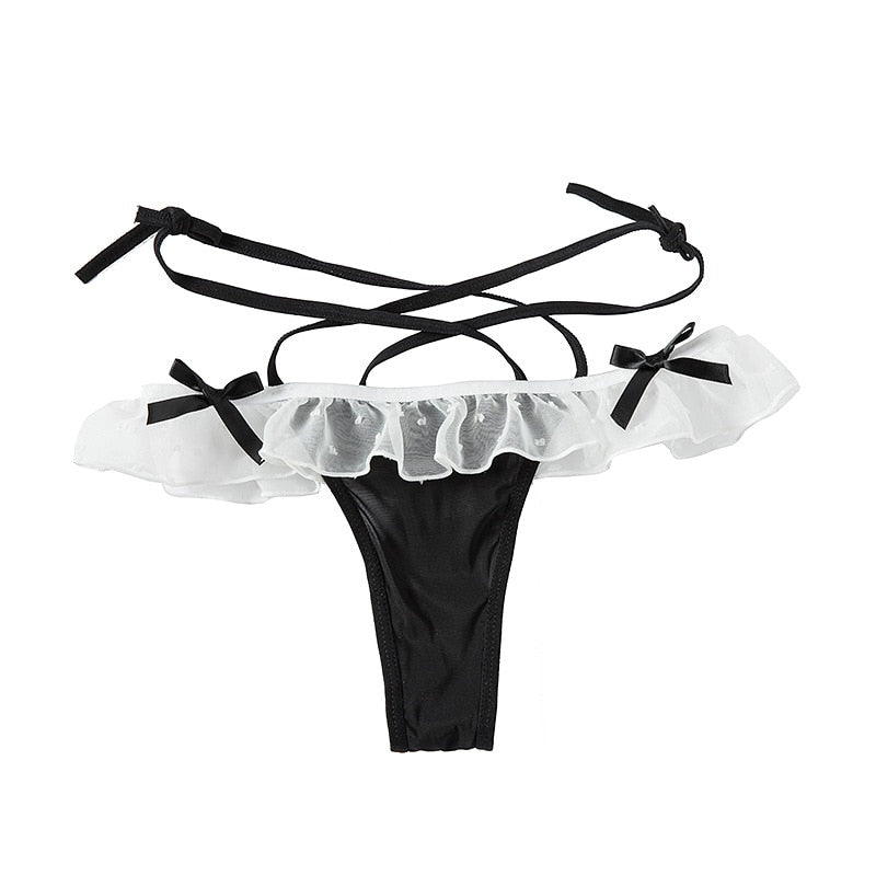 Sexy Maid Cosplay Hot Thong Lace Waist Hollow Bow T Pants Female JK Panties Sexy Lingerie Low Waist Wave Point Perspective
